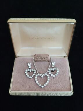 Vintage KREMENTZ 14K White Gold Overlay Crystal Heart Demi Parure IOB